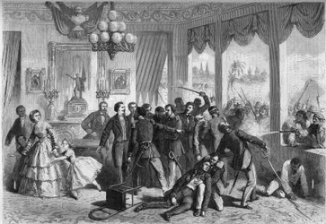 Guerra hispano sudamericana - Lima (Perú)- 5 de febrero de 1865: los españoles heridos y perseguidos por la población de la ciudad se refugian en la legación francesa. Grabado en "Le Monde Illustre" n°421 del 6 de mayo de 1865.