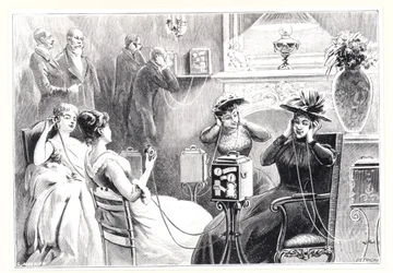 Huéspedes en un hotel de París escuchando retransmisiones directas de ópera o teatro en el Theatrophone de Marinovitch y Szarvady, de La Nature, publicado en 1892