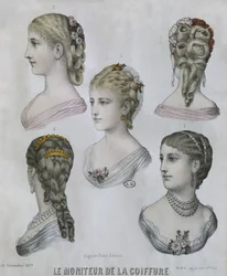 Peinados, ilustración de Le Moniteur de la Coiffure, 10 de diciembre de 1879