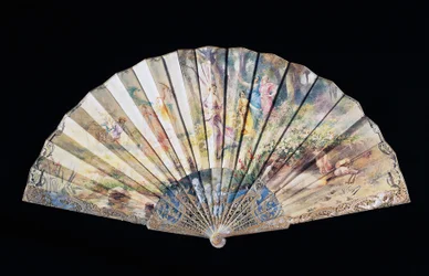 Abanico que representa la primavera o el florecimiento del amor, papel cubierto pintado con varilla de guardia de nácar blanco grabado, 35.5 cm, firmado Adolphe Faugeron, Francia