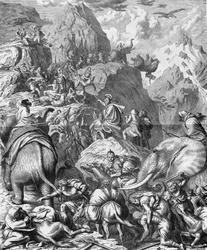 Aníbal cruzando los Alpes con elefantes para llegar a Italia (II Guerra Púnica). Grabado del siglo XIX