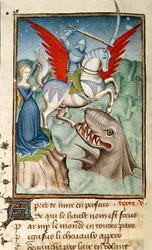 Harl 4431 f. 98v Andrómeda rescatada del monstruo por Perseo montando a Pegaso, copia parisina, c.1410-11 (vitela)