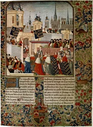 Harley 4379 f.3 Entrada de la reina Isabel, consorte separada de Eduardo II (1284-1327) en París en 1325, ejecutado por Jean Froissart (c.1333-c.1404) para el historiador Philippe de Comines (1445-1509) ( vitela)