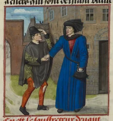 Harley 4425 f.47v Detalle de una miniatura de un paciente que recibe dinero de su verdadero amigo, de Roman de la Rose, c.1490-1500 (vitela)