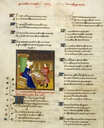 Harley 4431, f.261v Christine de Pisan y su hijo, ilustración de 