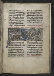 Harley MS 4979 f.72r Alexander combatiendo a hombres con cabezas de caballos, de 