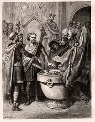 Haroldo II (1020-1066) último rey anglosajón coronado en 1064, jurando sobre reliquias sagradas ante Guillermo I el Conquistador para apoyar su causa en el trono de Inglaterra a la muerte de Eduardo el Confesor, alrededor de 1064