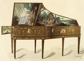Clavicémbalo decorado con grotescos, ilustración del Diccionario de Muebles y Decoración, por Henry Havard, Volumen I