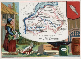 Haute Savoie (Alta Saboya, 74), Ródano Alpes, Francia. Especialidad local: papel, gruyere, miel, tabaco y altos hornos. Serie sobre los Departamentos Franceses. Cromolitografía “el hilo geográfico”, circa 1920. Colección privada