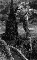 Apareció en el campanario de la iglesia. Grabado que ilustra la novela "Fuego y Llama" de Zenaide Fleuriot. En "Le Journal de la jeunesse"
