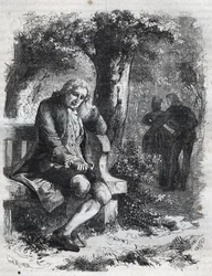 "Escuchó el susurro de un beso." El filósofo suizo Jean Jacques (Jean-Jacques) Rousseau (1712-1778) sorprende a su compañera Marie-Therese (Marie Therese) Le Vasseur (Levasseur) (1721-1801) en pleno adulterio. Grabado de 1871 en “Histoire Des Cocus Celebre