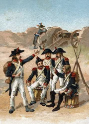 Nos hará comer hasta nuestras botas, dijo el soldado de Massena, racionados en exceso durante el asedio de Génova en junio de 1800. Cromolitografía.