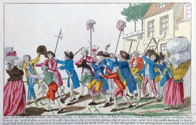Las cabezas de dos de los guardias del rey asesinados el 5 de octubre de 1789 en Versalles por la turba parisina son llevadas en triunfo a París