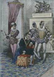 Henri III (1551-89) y sus favoritos (grabado en color)