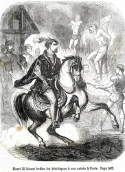 Enrique II (1519 - 1559) haciendo quemar a los herejes a su entrada en París - en 