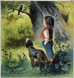 Henri observa un mirlo en una rama en el bosque, reflexionando sobre su vida si fuera un pájaro. Cromolitografía de 
