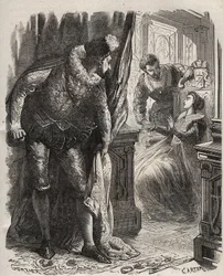 Henry Stuart conocido como Lord Darnley (1545-1567) sorprendió a su esposa, la Reina María I de Escocia (1542-1587), con su secretario privado, David Rizzio (d. 1566). Grabado de 1871 en "Histoire Des Cocuses Celebres" de Henry de Kock (1819-1892)