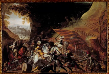 Enrique IV (1589-1610) cargando a la cabeza de su caballería. Pintura anónima francesa del siglo XVII. Óleo sobre madera. Dim: 0.35 X 0.52m. Pau, Museo del Castillo