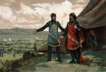 Enrique I, Rey de Francia (1008-1060) recibió al Duque de Normandía Roberto el Diablo (también conocido como el Magnífico) y le proporcionó un ejército para recuperar su reino. Cromolitografía alrededor de 1890