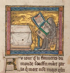 Ermitaño escribiendo en un escritorio, miniatura de "Estoire del Saint Graal, La Queste del Saint Graal, Morte Artu", c.1315-25 (tinta sobre pergamino)