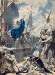 Heroínas de Francia: Santa Genoveva (423-512). Las invasiones bárbaras - Santa Genoveva salvando la ciudad de París. Ilustración para Le Petit Journal