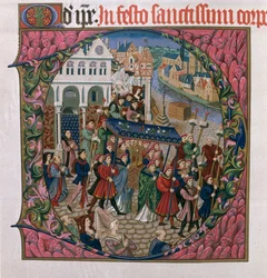 Inicial historiada D que representa una procesión religiosa en la Plaza de Greve, París en el siglo XV (edición facsímil del Misal de Jouvenel des Ursins)