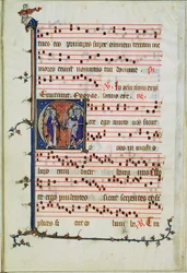 Letra historiada que representa una asamblea de apóstoles, principios del siglo XIV