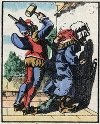 Historia del Dr. Pulcinella (Polichinelle). Grabado en madera de Imagerie Pellerin - Epinal, sd. Finales del siglo XIX.