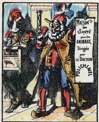 Historia del Dr. Pulcinella (Polichinela). Grabado en madera de Imagerie Pellerin - Epinal, sd. Finales del siglo XIX.