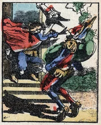 Historia del Dr. Pulcinella (Polichinela). Grabado en madera de Imagerie Pellerin - Epinal, sd. Finales del siglo XIX.