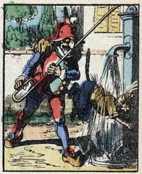 Historia del Dr. Pulcinella (Polichinela). Grabado en madera de Imagerie Pellerin - Epinal, sd. Finales del siglo XIX.