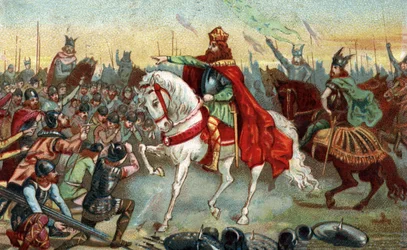 Historia de la Galia en la Edad Media: sajones germanos arrodillados ante el rey Carlomagno (742-814) que ganó las guerras. Cromolitografía de finales del siglo XIX.
