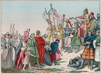 Historia de la Galia en la Edad Media: Sajones germanos arrodillados ante el Rey Carlomagno (742 - 814), vencedor de las guerras - Grabado de finales del siglo XIX en “Nuestras Glorias Nacionales - Imágenes y relatos”