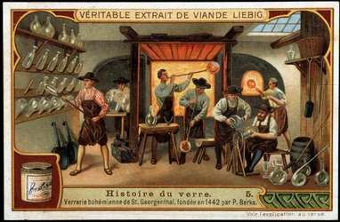 Historia del vidrio: Cristalería Boheme de Saint Georgenthal fundada en 1442 por P. Berka. Cromolitografía liebig de finales del siglo XIX.
