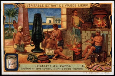 Historia del vidrio: Sopladores de vidrio egipcios, a partir de documentos antiguos. Cromolitografía Liebig