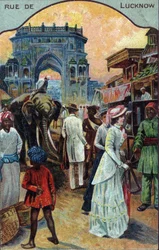 Historia del turismo: Turistas occidentales en una calle de Lucknow, India (Western tourists in a street of Lucknow, India) Cromolitografía del siglo XIX Colección particular