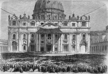 Semana Santa en Roma: vista de la Plaza de San Pedro en Roma (Piazza San Pietro) durante la bendición “urbi et orbi” el Jueves Santo y el Domingo de Pascua. Grabado en “Le Monde Illustré” n°526 del 11 de mayo de 1867