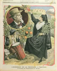 Homenaje a Frederic Mistral (1830-1914) en el cincuentenario de la publicación de Mireille, ilustración de Le Petit Journal, 30 de mayo de 1909