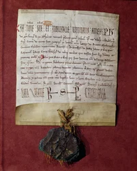 Homenaje al Rey Felipe II (1165-1223) de Simón de Montfort (c.1160-1218) por los territorios confiscados a Raimundo VI (1197-1249) c.1216