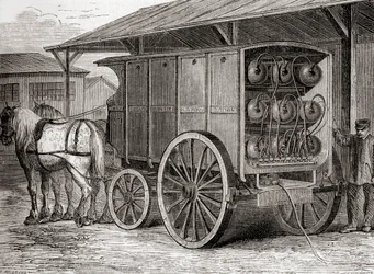 Vehículo tirado por caballos utilizado para transportar gas comprimido en contenedores portátiles en el siglo XIX, de Les Merveilles de la Science, publicado c.1870 (grabado)