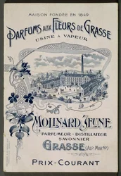 Casa fundada en 1849 - Fragancias aux Fleurs de Grasse - Planta de vapor: Molinard Jeune - Tarjeta publicitaria presentando la fábrica Molinard - grabado, principios del siglo XX