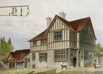 Casa de un pequeño comerciante en el área de Londres, ilustración de Le Moniteur des architectes, 1884, grabado por Paul Louis Bury