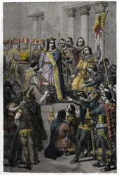 Hugo Capeto elegido rey - Coronación de Hugo Capeto (ca. 941-996), rey de Francia, el 3 de julio de 987 en Noyon, por Adalberón (ca. 925-990), arzobispo de Reims.