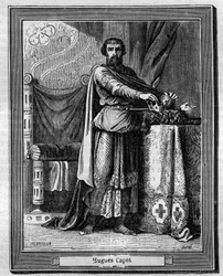 Hugo Capeto (940-996) rey de los Francos - Grabado en "Histoire des papes-rois-reinas-et-emperadores a travers les siècles" por Maurice Lachatre