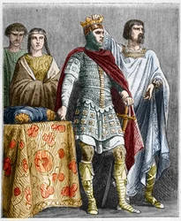 Hugues el Grande (897-956) corona a Raoul o Rodolfo de Borgoña (circa 890 - 936), Duque de Borgoña y Rey de Francia. Grabado en "Historia de Francia en Cien Pinturas por Paul Lehugeur" 1891