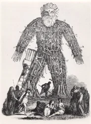 Sacrificio humano por druidas galos en un hombre de mimbre, de Magasin Pittoresque, 1833