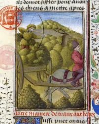 Caza de ciervos con arco y trampa - en "Libro de Caza de Gaston Phoebus, Conde de Foix, Señor de Béarn"