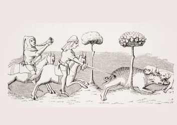 Caza del jabalí con perros, reproducción de una miniatura del manuscrito del siglo XIV "Livre de Roy du Modus", de Henri de Ferrieres, de "Le Moyen Age et La Renaissance" de Paul Lacroix (1806-84) publicado en 1847 (litografía).