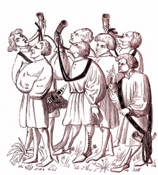 Tocadores de cuerno de caza (siglo XV) - Símil Colegio de una miniatura del manuscrito de Gaston Phebus (1331-1391)