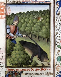 Escena de caza: un perro rastreando al ciervo (olfato) - en "El Libro de Caza de Gaston Phoebus, Conde de Foix, Señor de Béarn"